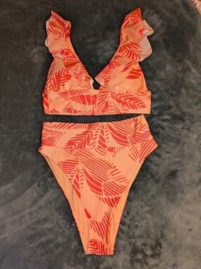 aerie Peach and Red Tropical Print High-Waist Bikini